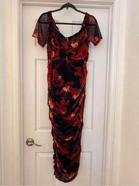 SHEIN Curve Floral Ruched Mesh Midi Dress 1XL